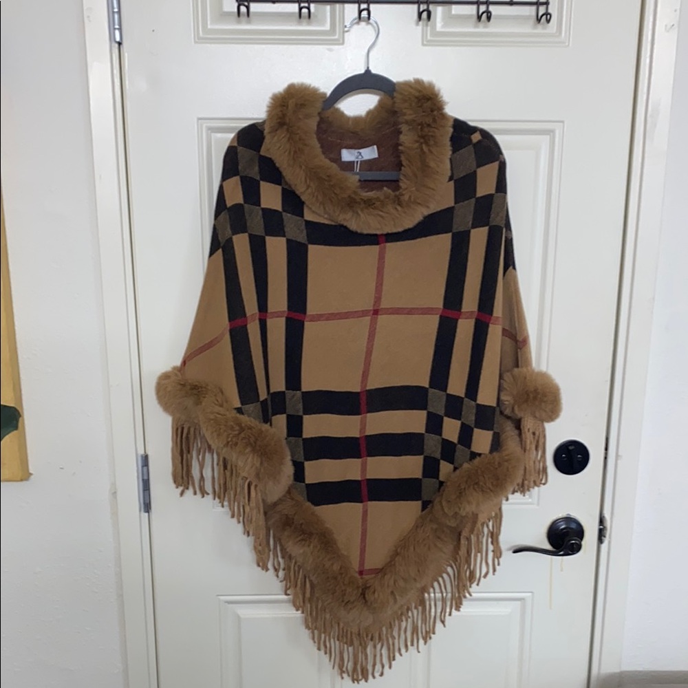 Azazie Plaid Cape with Faux Fur Trim